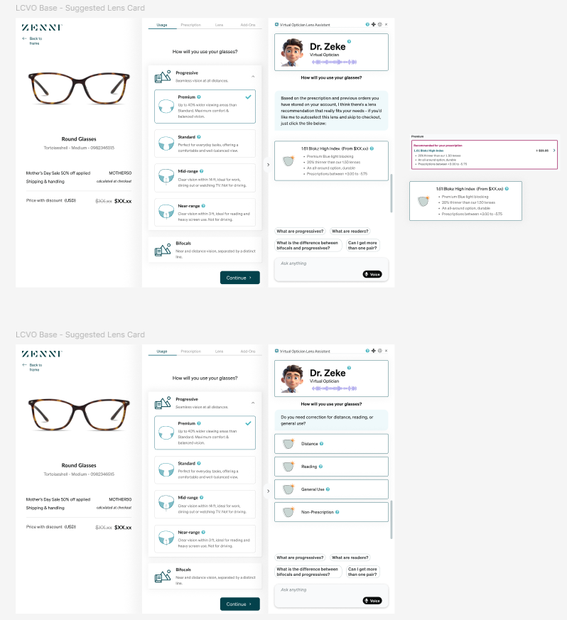 Virtual optician concepts using guided questions and suggestion buttons