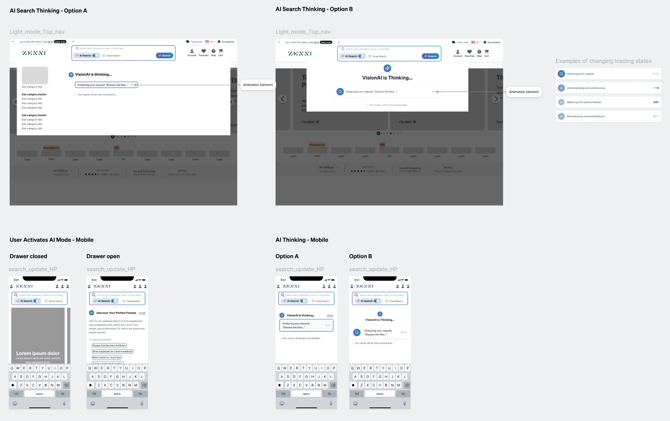 AI Search thinking state wireframes